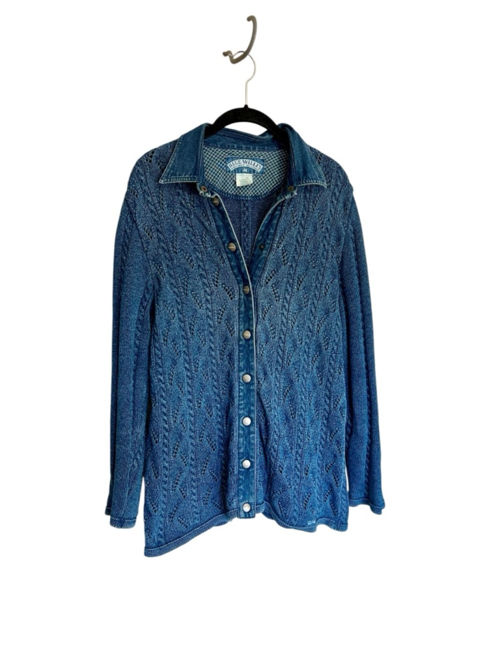Vintage Blue Willi’s Denmark cable knit snap button sweater jacket denim collar